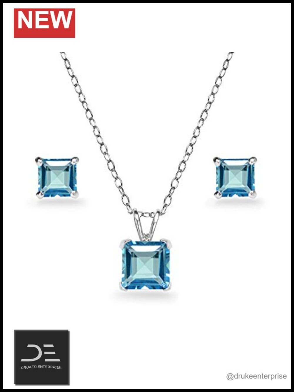 Sterling Silver London Blue Topaz Necklace & Earring Set - Princess Cut Square